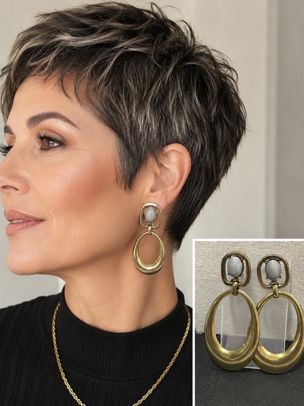 YOSCA Antique Gold Tone Sculptural Dangle Earrings Acrylic Gray Cabochon 3" Drop